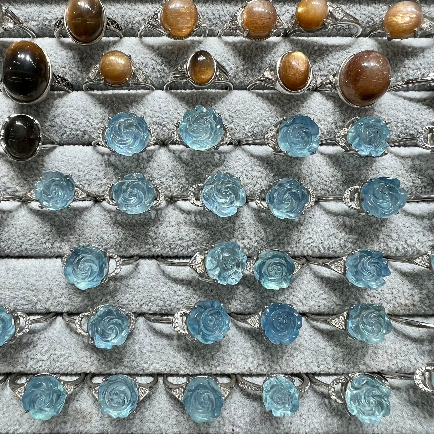 Skeleton quartz & aquamarine ring silver