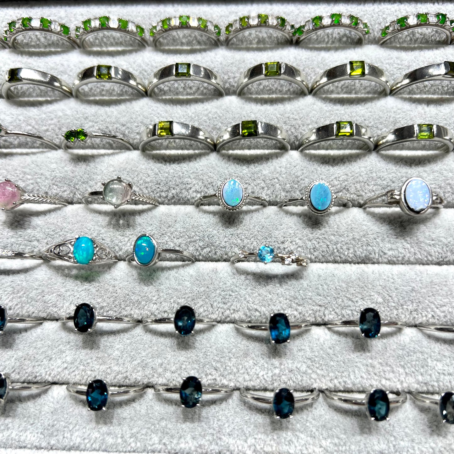 Green apatite & green tourmaline & opal & blue topaz ring silver