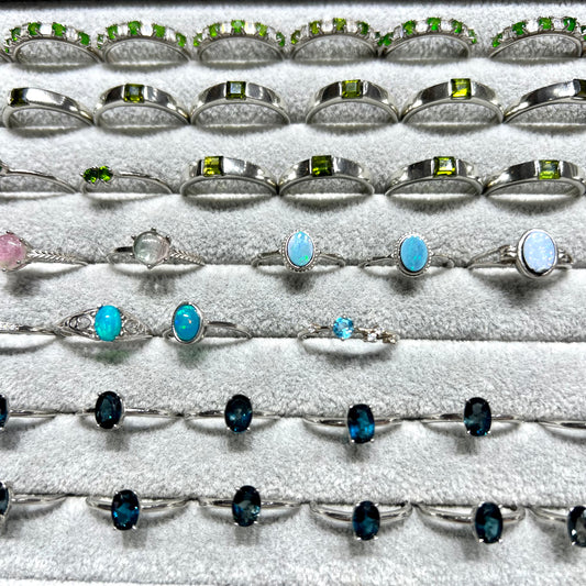 Green apatite & green tourmaline & opal & blue topaz ring silver