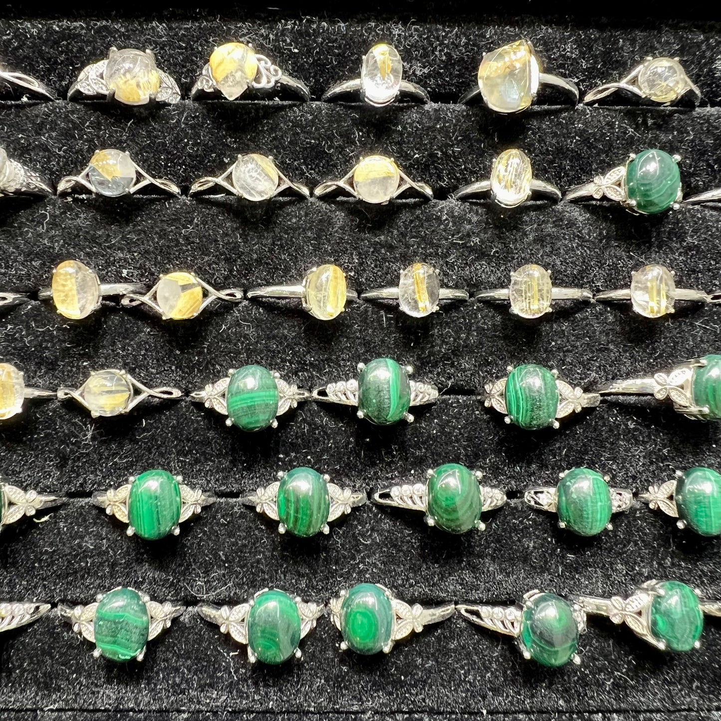 Malachite & golden rutile ring copper