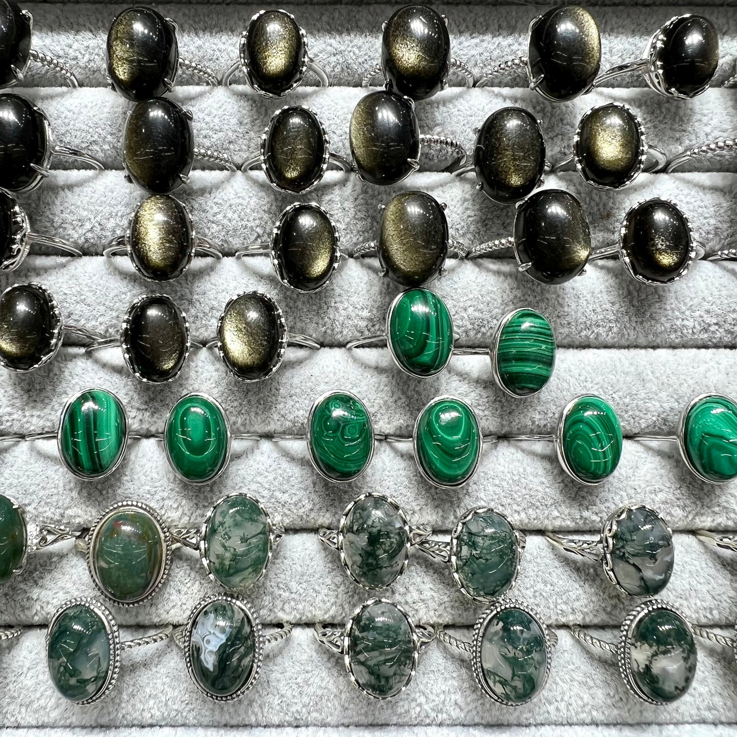 Golden sheen obsidian & malachite & moss agate ring silver