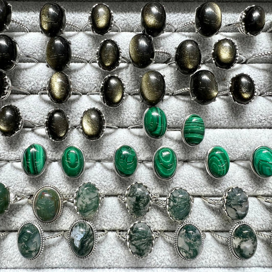Golden sheen obsidian & malachite & moss agate ring silver
