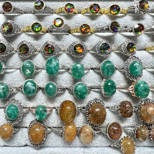 Ammonite&green mica  quartz & golden rutile ring silver