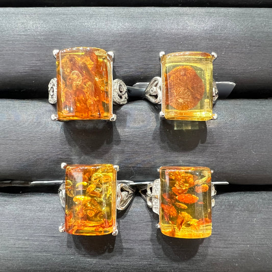Flower Amber ring silver