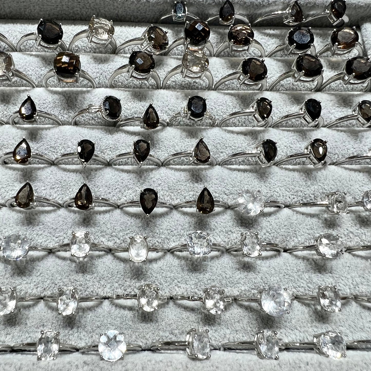 Clear & smokey quartz ring silver