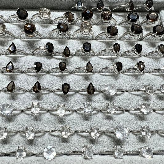 Clear & smokey quartz ring silver