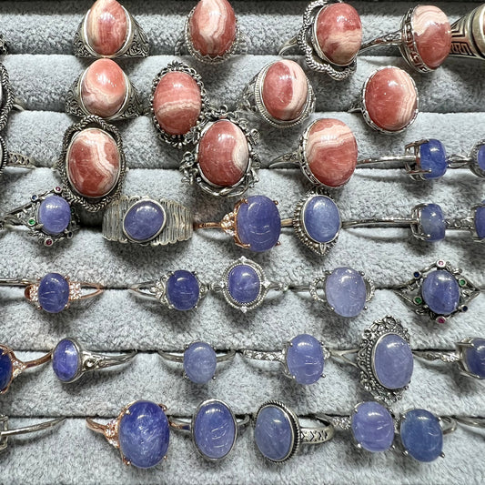 Rhodochrosite & tanzanite ring silver