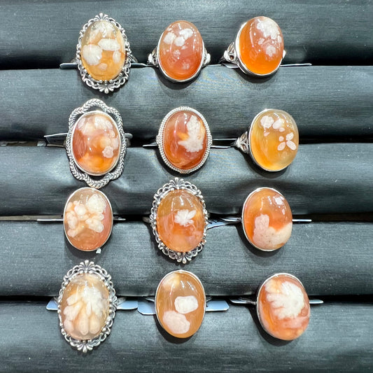 Flower agate with carnelian ring silver