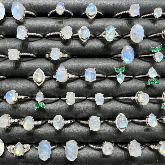 Rainbow moon stone ring silver