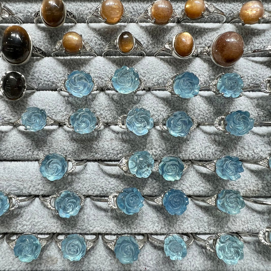 Skeleton quartz & aquamarine ring silver