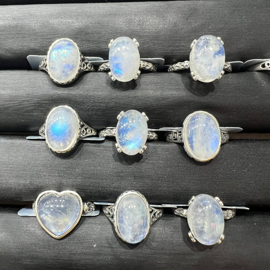 Rainbow moon stone ring silver