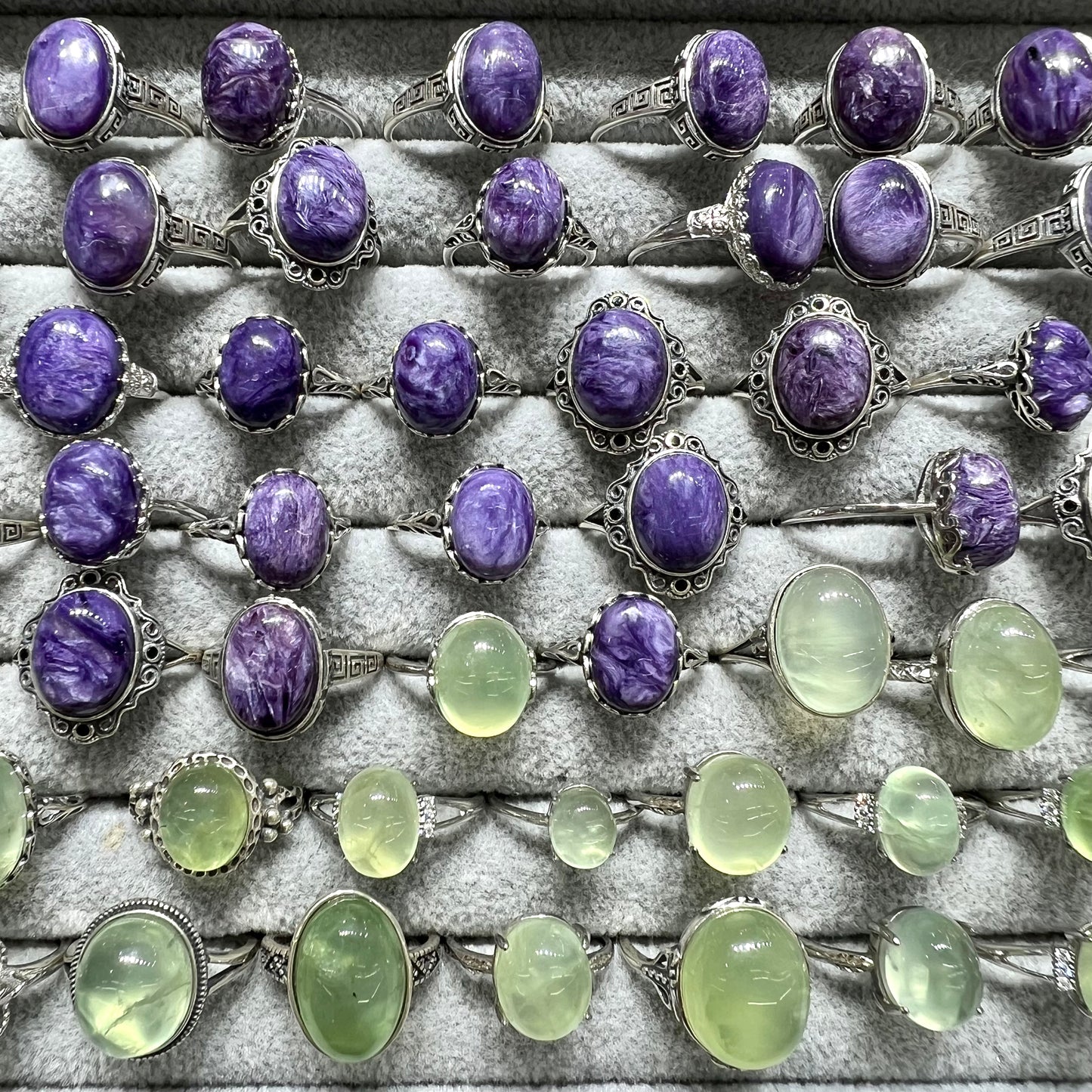 Charoite & Prehnite ring silver